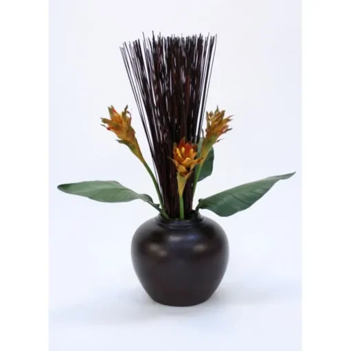 Bird of Paradise Leaves with Cane Reeds in Brown Fat Vase