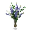 Blue and White Delphiniums in Glass Urn