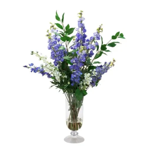 Blue and White Delphiniums in Glass Urn