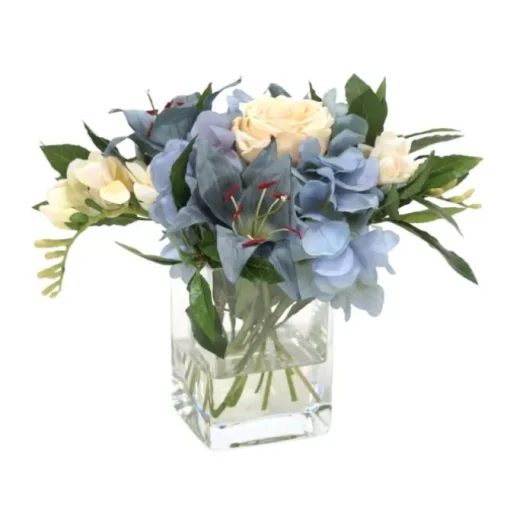 Blue Hydrangea, Lily with Cream Rose, Freesia in Glass Vase