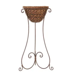 Braided Rattan Basket in Metal Plant Stand