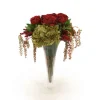 Burgundy Roses, Green Hydrangea and Pokeberries in Trumpet Vase