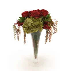 Burgundy Roses, Green Hydrangea and Pokeberries in Trumpet Vase