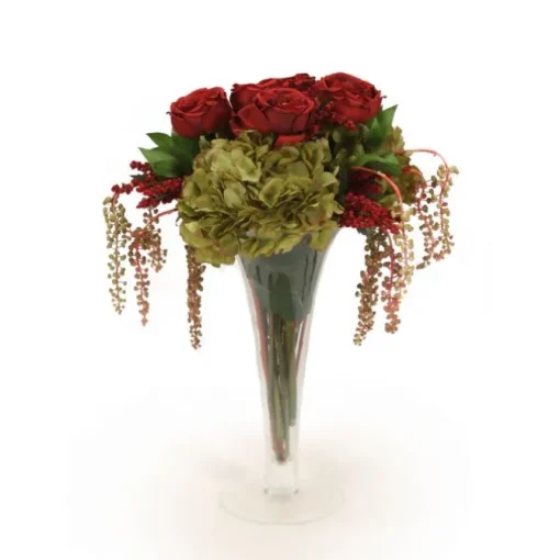 Burgundy Roses, Green Hydrangea and Pokeberries in Trumpet Vase