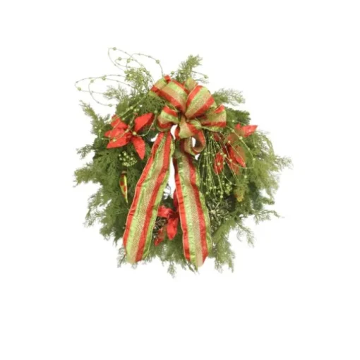 Cedar Wreath with Red and Green Accents and Red Flowers with Multi Colored Ribbon