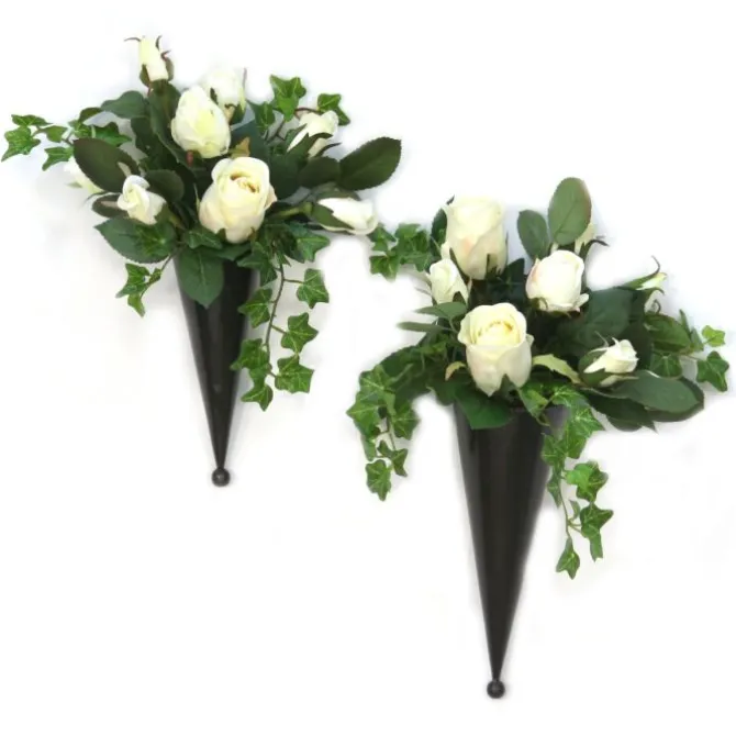 Cream White Nosegays in Bronze Metal Cones For Wall Hanging (Set of 2 )