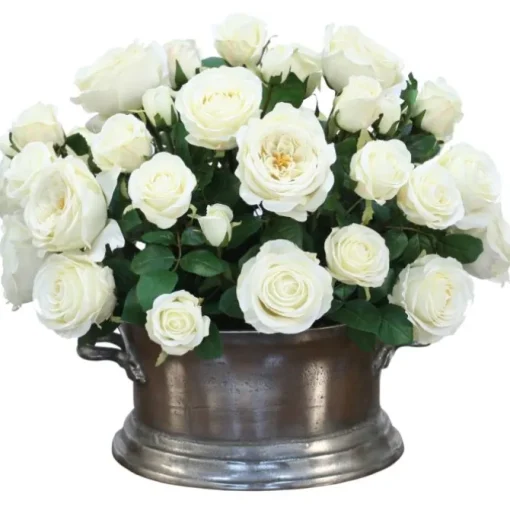 Cream White Roses in Matte Silver Oval Planter