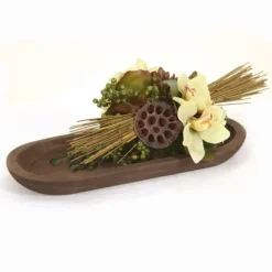 Cymbidium Orchid Mixed with Berries and Succulents in Wood Tray
