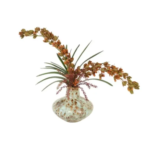 Dendrobium Orchids with Vanda Foliage in Turqoise Vase