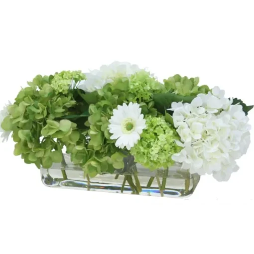Green and White Hydrangea Mix in Rectangle Vase