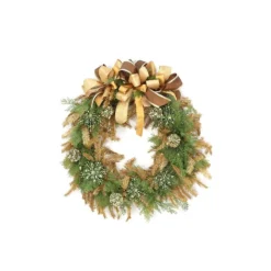 Green Cedar Wreath with Gold Glittered Garland and Green Ornaments
