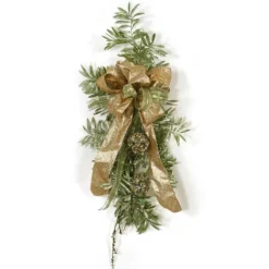 Green Glittered Spray with Green Sequined Spray and Gold Ribbon Swag  (Set of 2)