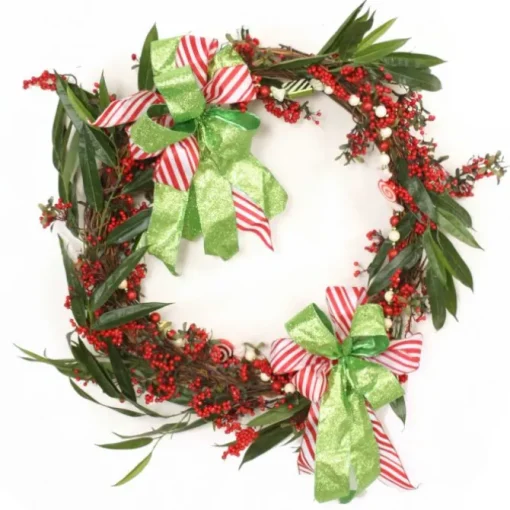 34" Green Vine Wreath with Red Berries and Candy Garland