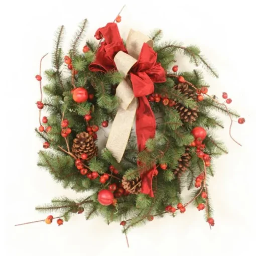 Hickory Pine Wreath with Crabapples and Ribbon