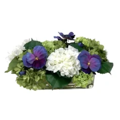 Hydrangrea Mix with Blue Pansies in Rectangle Vase