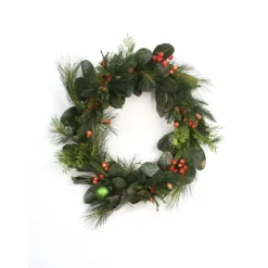 28" Magnolia Leaf and Fir Wreath with Red Berries Pine Cones and Green Ornament