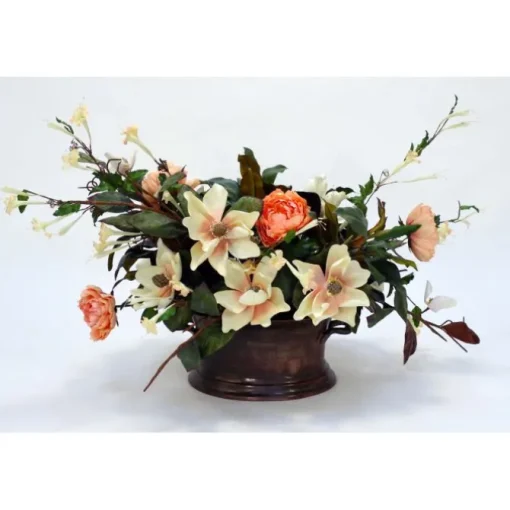 Magnolia with Peach Peonies in Metal Container