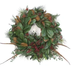 Magnolia Wreath with Pine, Berries and Feathers