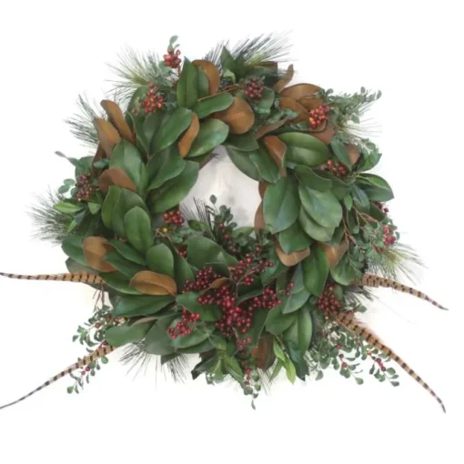 Magnolia Wreath with Pine, Berries and Feathers