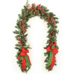 Mix Pine Garland with Red Berries and Red and Green Ribbon