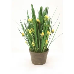 Natural Blades and Grass with Yellow Wild Flowers in Stoneware Pot