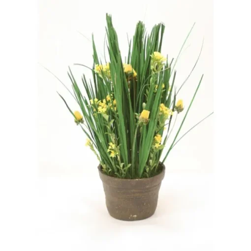 Natural Blades and Grass with Yellow Wild Flowers in Stoneware Pot