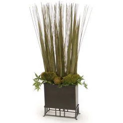 Natural Grass Blades with Maple Branches and Reed and Baxtra and Mushrooms in Wooden Box with Stand