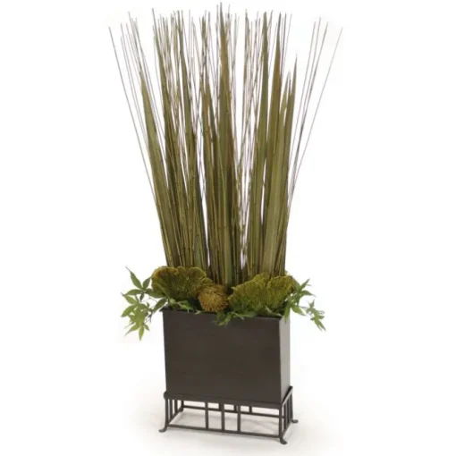 Natural Grass Blades with Maple Branches and Reed and Baxtra and Mushrooms in Wooden Box with Stand