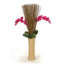 Purple Orchids with Marsh Reeds and Succulents in Nail Head Latte Brown Vase