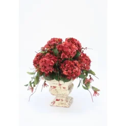Red Hydrangeas, Curly Vines, Honeysuckle with Preserved in Red/Cream Crackled Urn