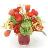 Red Orange Tulip, Yellow Orange Vanda, Hydrangea, and Poppy in Glass Vase