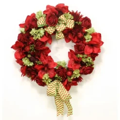 25" Red Rose & Amaryllis Wreath with Green Hydrangea and Berries with a Glittered Chevron Ribbon