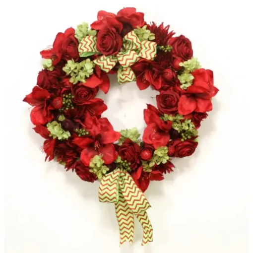 25" Red Rose & Amaryllis Wreath with Green Hydrangea and Berries with a Glittered Chevron Ribbon