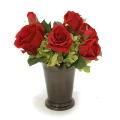 Red Roses and Green Hydrangeas in Bronze Mint Julep Cup