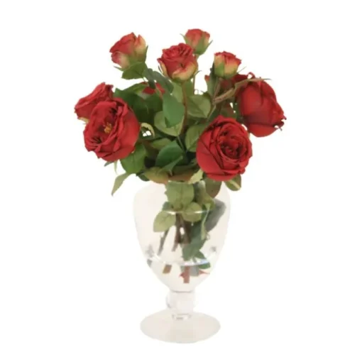 Red Roses in Glass Urn with Ball Stem