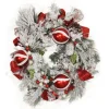 Snow Pine Wreath with Red and White Striped Ornaments and Ribbon