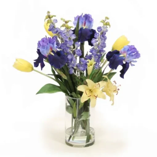 Spring Mix of Blue and Yellow Iris and Tulips in Glass Cylinder