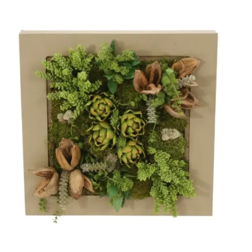 Square Wooden Box with Succulents and Artichokes