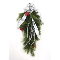 30" Swag of Pine with Red Ornaments Silver Accents and a Silver Ribbon