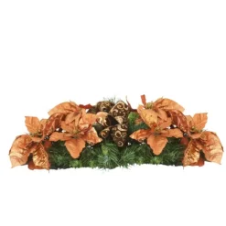 Tablescape Of Pine, Mixed with Copper Poinsettia,Copper Accents And Glittered Acorn