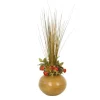 Tall Green Brown Grasses, Pods and Red Buds in Round Ceramic Tan Bowl