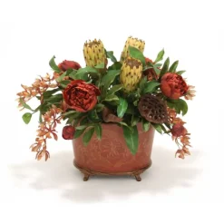 Traditional Spice Tone Floral in Oval Footed Handpainted Wood Planter