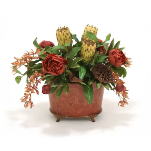 Traditional Spice Tone Floral in Oval Footed Handpainted Wood Planter