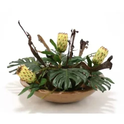 Tropical Foliage with Proteas, Natrag and Pods in Mocha Glazed Bowl