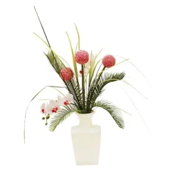 Tropical Fuchsia Allium and Phalaenopsis Orchid with Cycas Palm in White Vase (Left)