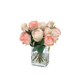Waterlook® Cream Pink Roses and Rose Buds in Tall Glass Square