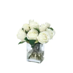 Waterlook® Cream White Roses in Tall Glass Square