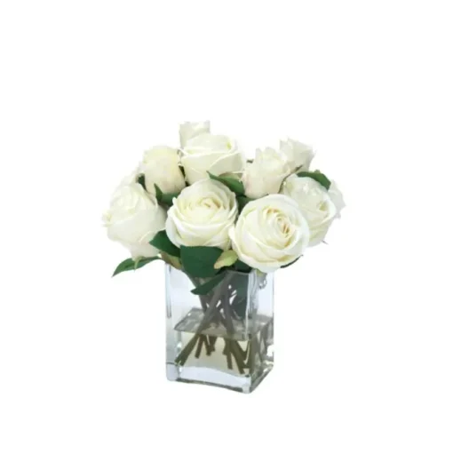 Waterlook® Cream White Roses in Tall Glass Square