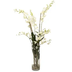 Waterlook® Cream White Dendrobium Orchids with Grass and Bamboo in Glass Cylinder