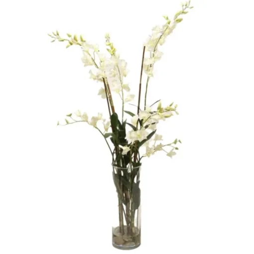 Waterlook® Cream White Dendrobium Orchids with Grass and Bamboo in Glass Cylinder